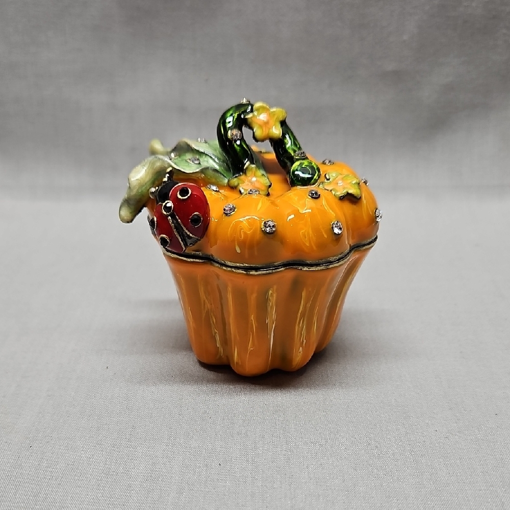 Zanzibar Enameled Pumpkin Trinket Ring Box w/Lady Bug